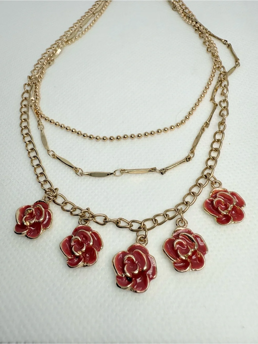 Disney! Gold-Tone Layered Necklace with Red Rose Charms